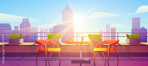 Restaurant on terrace on rooftop with city view. Empty patio on roof or balcony with cafe furniture, table, chairs and plants at sunny day. Vector cartoon illustration of house terrace in town