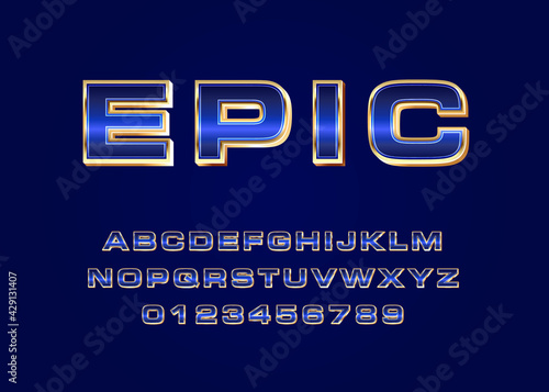 Shiny blue gold metallic style font effect template. Set of alphabet and number with metallic look for movie poster, game title