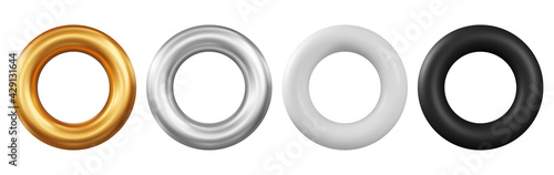 Black, white, silver and golden torus set. Realistic 3d rings for modern design.