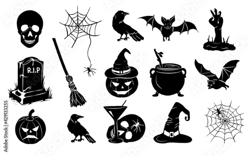 halloween set. pumpkin, skull, broom, headstone, spider, cobweb, crows, dead man's hand, witch hat, cauldron, bats. silhouette graphics. vector. eps