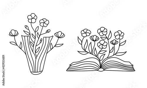 Open book with flowers sprigs. Conceptual illustration of write your own future. Vector concept for bookstore, literature club or library. Sketch illustration