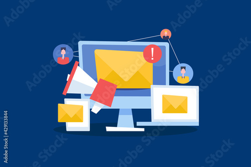 Email advertising campaign and newsletter marketing promotion strategy company business development, networking communication internet concept.
