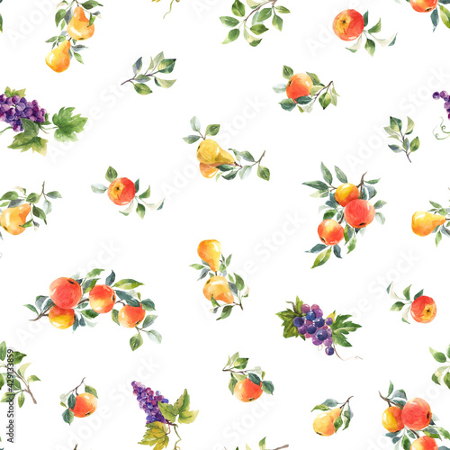 Fototapeta Naklejka Na Ścianę i Meble -  Beautiful seamless pattern with hand drawn watercolor tasty summer pear apple grape fruits. Stock illustration.