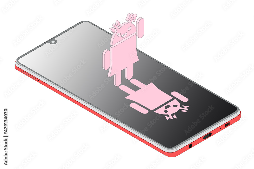 Ludzik dziewczynka w kolorze różowym z kokardami w sukience stojąca na czarnym wyświetlaczu telefonu komórkowego i dająca odblask. 3D z plik wektorowy. - obrazy, fototapety, plakaty 