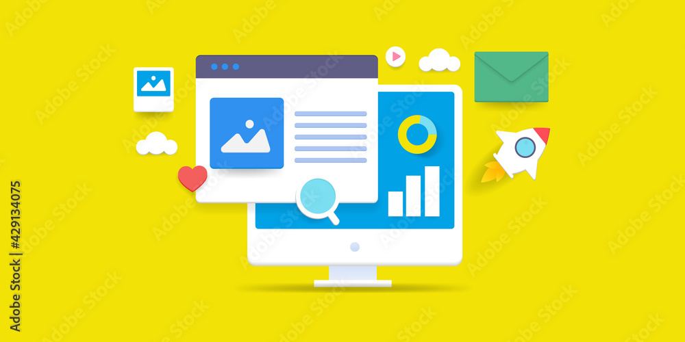 Digital marketing, online advertising, website promotion, data analysis, social media, content marketing concept with 3d style abstract yellow background. Digital marketing, online advertising, website promotion, data analysis, social media, content marketing concept with 3d style abstract yellow background.