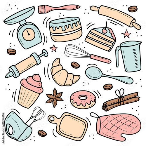 a set of tools for baking and cooking, a mixer, a cake, a spoon, a cupcake, a scale. vector illustration in the doodle style. a sketch drawn by hand on a white background.
