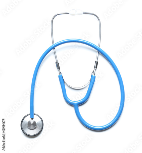 Modern stethoscope on white background