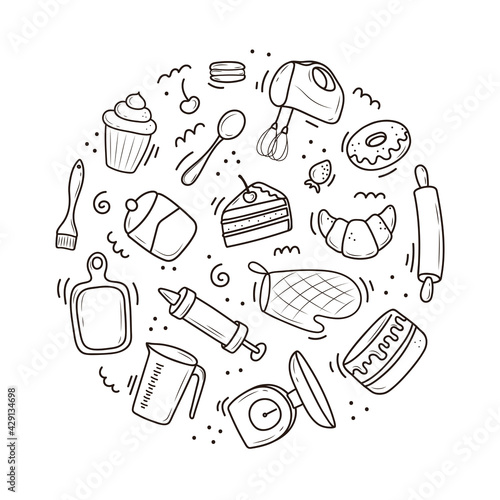 a set of tools for baking and cooking, a mixer, a cake, a spoon, a cupcake, a scale. vector illustration in the doodle style. a sketch drawn by hand on a white background.