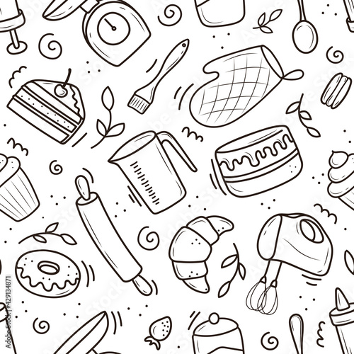 a pattern of baking and cooking tools, a mixer, a cake, a spoon, a cupcake, a scale. vector illustration in the doodle style. a sketch drawn by hand on a white background.