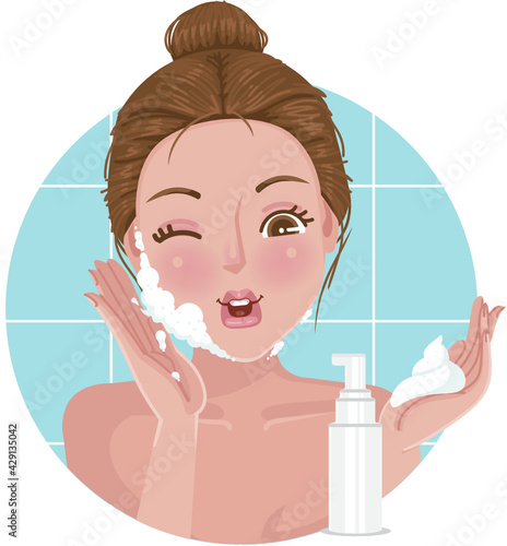 Women washing their faces wint cleansing foam products for cleaning the face skin