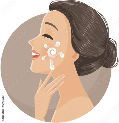 beautiful girl with perfect skin moisturizing for day creams and she painted the sun cream on her face