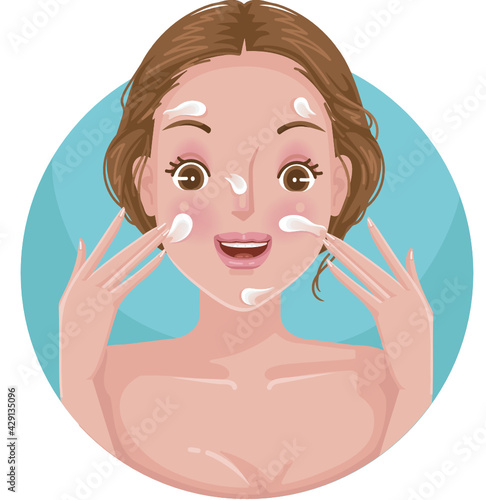 girl applying moisturizing cream on her face Amazed surprised by flawless skin.