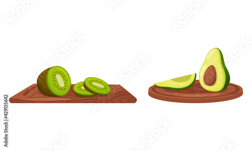 Ripe and Juicy Fruits Rested on Wooden Cutting Board Showing Sweet Flesh with Seed Vector Set