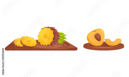 Ripe and Juicy Fruits Rested on Wooden Cutting Board Showing Sweet Flesh with Seed Vector Set