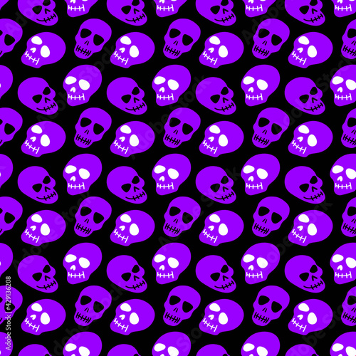 Skull pattern. Purple skulls on a black background.Vector illustration. Bright and fashionable design for Halloween, Day of the dead, tattoos, prints, post