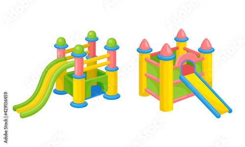 Bright Inflatable Slides with Smooth Surface on Playground Vector Set