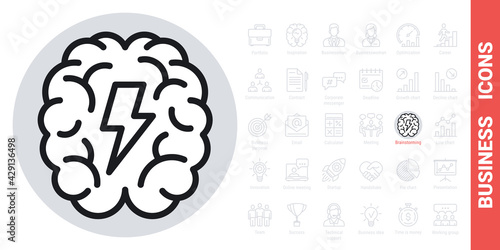 Brainstorm or brainstorming icon. Human brain with a lightning bolt inside. Simple black and white version from a series of business icons
