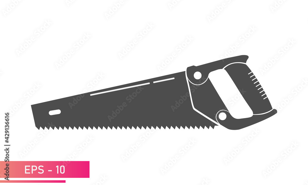 A large, comfortable wood saw. Solid design. On a white background. Carpenter tools. Flat vector illustration. A large, comfortable wood saw. Solid design. On a white background. Carpenter tools. Flat vector illustration.