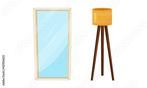 Room Interior Design Elements with Rectangular Mirrow and Lamp Vector Set