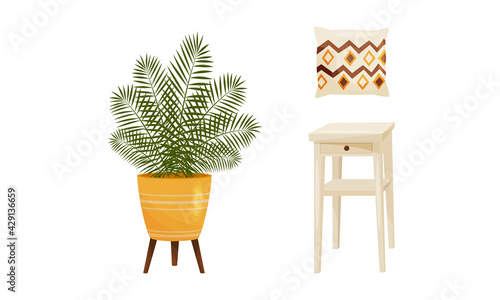 Room Interior Design Elements with Houseplant in Pot and Stool Vector Set