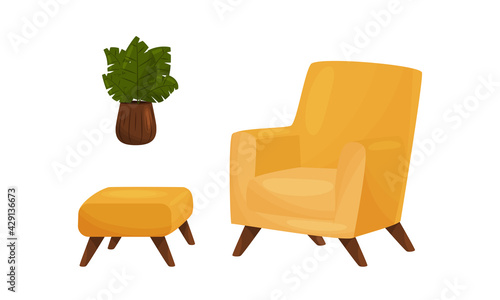 Room Interior Design Elements with Armchair and Houseplant Vector Set