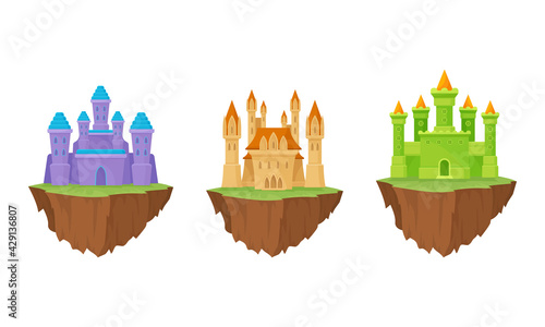 Tall Castle with Towers and Walls as Fortified Middle Age Stone Structure Rested on Floating Rocky Island Vector Set