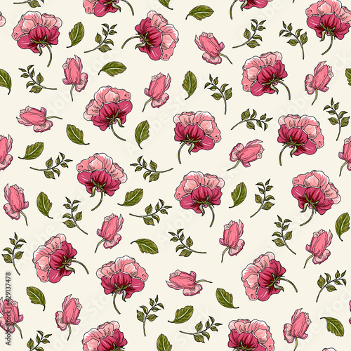 Seamless pattern with roses. Floral background with flowers and buds of rose, peony. Hand drawing.