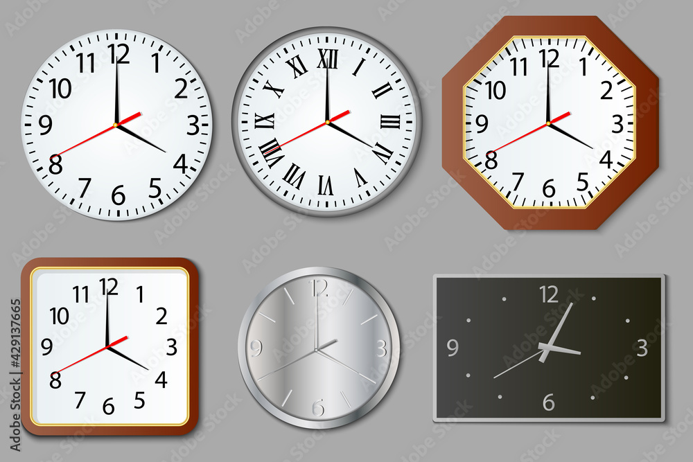 A large set of round and square wall clocks in a realistic style.Round and rectangular wall clock with a shadow on a gray background.Time accuracy is a modern concept.Vector illustration.
