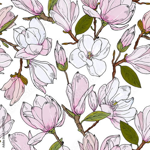 magnolia seamless pattern. Spring floral background. Bouquet of pink tropical flowers.