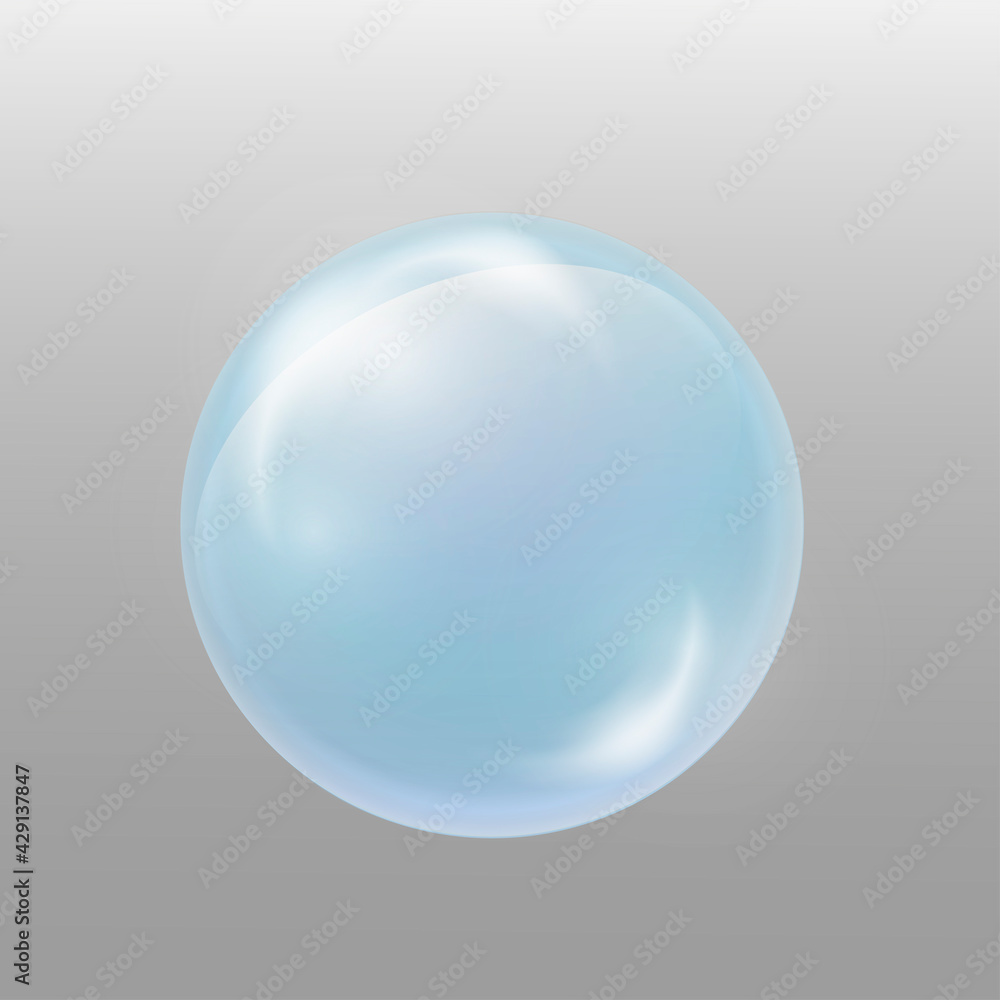Light blue water soap bubble. Element for design washing powder, shampoo, skin cosmetics.  .Isolated on grey background.