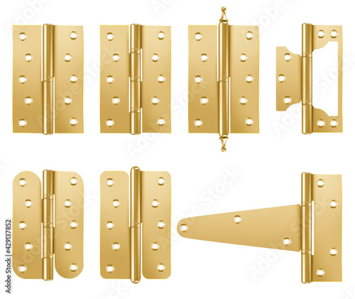 Door hinges, yellow colored metal noose hardware, gold or bronze shiny graphic elements for design and home renovation isolated on white background, Realistic 3d vector illustration, icons set
