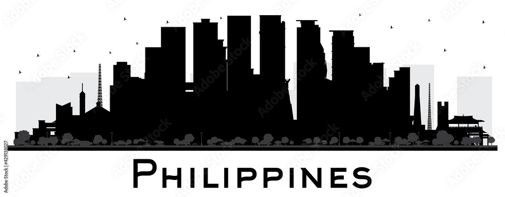Philippines City Skyline Silhouette with Black Buildings Isolated on White.