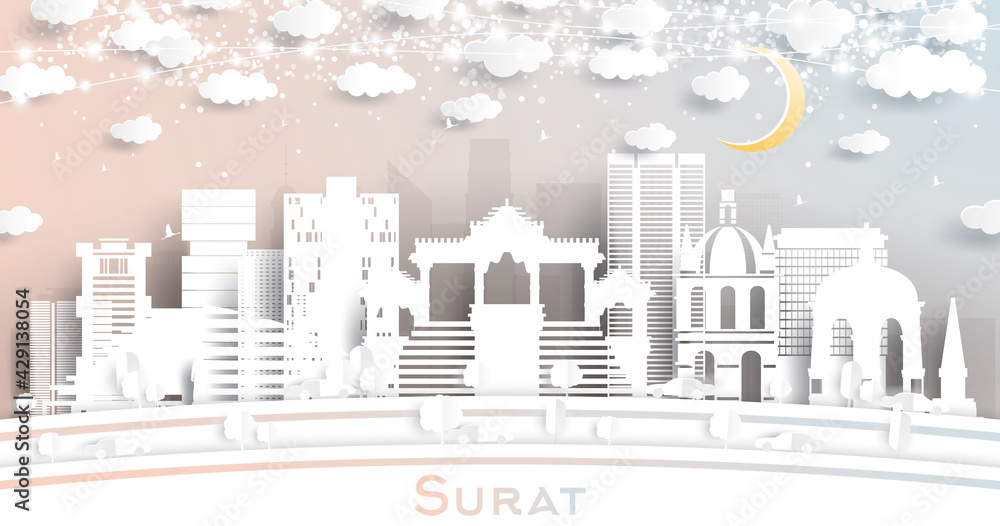 Surat India City Skyline in Paper Cut Style with Snowflakes, Moon and Neon Garland.