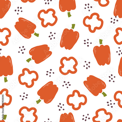 Hand drawn seamless pattern of simple sweet pepper. Doodle sketch style. Pepper pattern for food shop, vegetable wallpaper, background, textile design