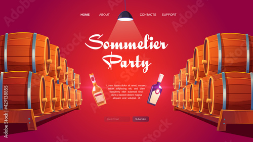 Sommelier party cartoon landing page. Wine shop, cellar interior with wooden barrels and glass bottles with winery production and glow lamp. Alcohol beverage store promo, Cartoon vector web banner