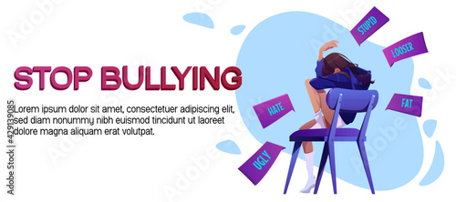 Stop bullying cartoon banner, teen girl crying sitting on chair covering face after being bullied and called nasty names over the internet. Network abuse, cyber harassment concept, vector illustration
