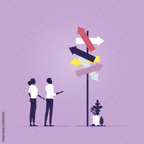 Right direction vector concept, way to success, Businessman looking at many arrows pointing in different directions, Concept business vector