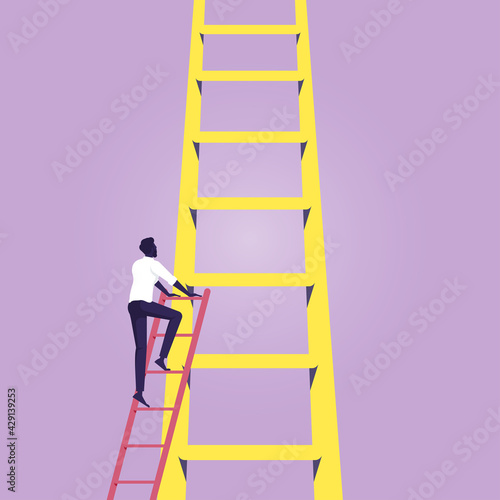 Startup entrepreneur and joining an established business market as a businessman climbing a small ladder to join a bigger one as a success metaphor