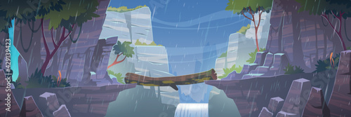 Log bridge between mountains above cliff at rainy weather. Scenery landscape with waterfall and trees background. Beautiful nature view, beam connect rocky edges under rain Cartoon vector illustration