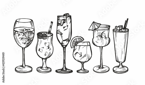 A collection of painted different glasses with cocktails