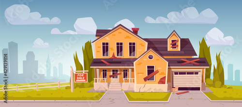Old suburban house with sign for sale. Abandoned residential cottage from yellow brick with garage, broken roof and boarded up windows. Vector cartoon landscape with derelict suburb mansion
