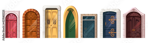Old medieval doors in stone arch for building facade. Vector cartoon set of entrance in vintage house, castle, gothic church or temple. Colored wooden doors isolated on white background
