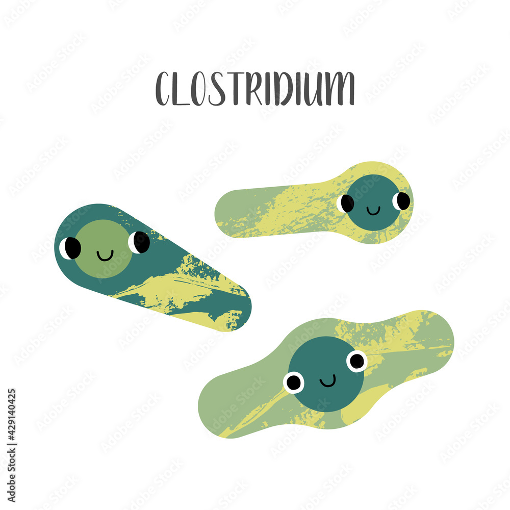 Clostridium botulinum. Happy cute bacteria character with smiling face. Funny kind kawaii microorganism. Morphology. Microbiology. Vector flat cartoon illustration - obrazy, fototapety, plakaty 
