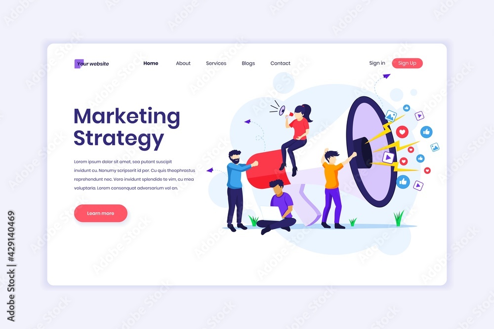 Landing page design concept of Marketing strategy campaign concept, people holding and shout on a giant megaphone. vector illustration Landing page design concept of Marketing strategy campaign concept, people holding and shout on a giant megaphone. vector illustration