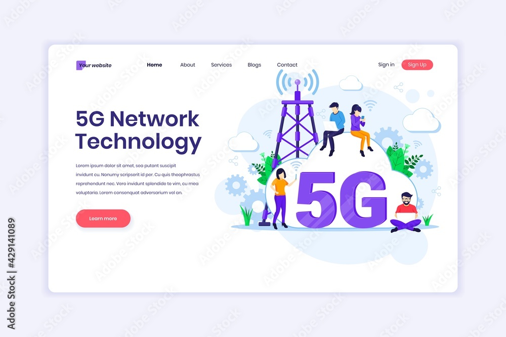 Landing page design concept of 5th Network Technology. People using High-speed wireless connection 5G. vector illustration