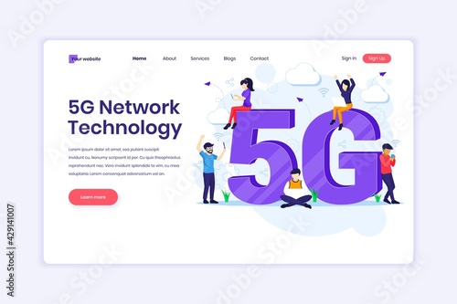 Landing page design concept of 5th Network Technology. People with giant 5G symbol using High-speed wireless connection 5G. vector illustration