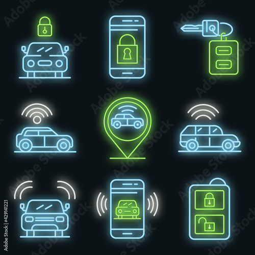 Car alarm system icons set. Outline set of car alarm system vector icons neon color on white