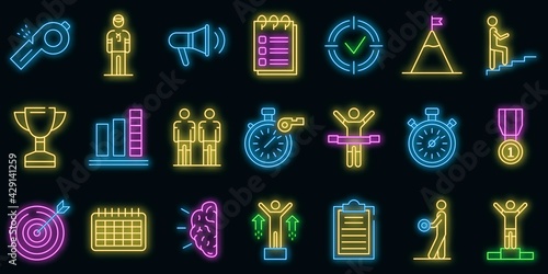 Coach icons set. Outline set of coach vector icons neon color on white