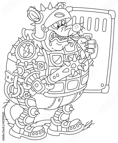 Spiteful fat rat guard in armor and a helmet, armed to the teeth, holding a spiked cudgel and a shield, preparing to attack, black and white outline vector cartoon for a coloring book page