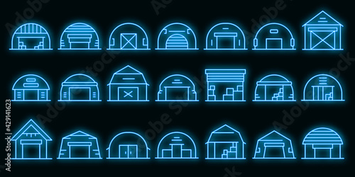 Hangar icons set. Outline set of hangar vector icons neon color on black